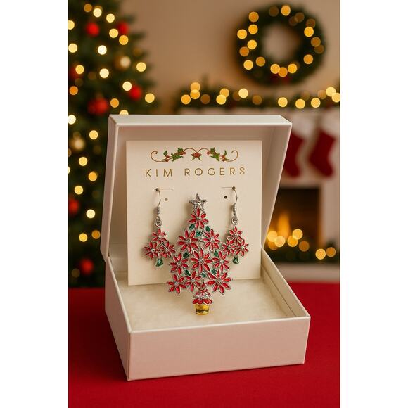 Kim Rogers Christmas Tree Brooch & Earrings Set Red Green Holiday Jewelry - Picture 1 of 3